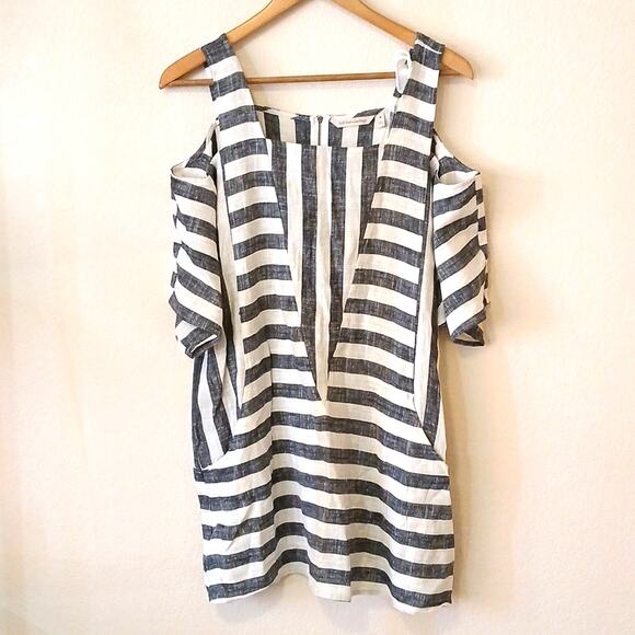 Soft Surroundings cold shoulder linen rayon blend striped tunic top - Picture 2 of 7